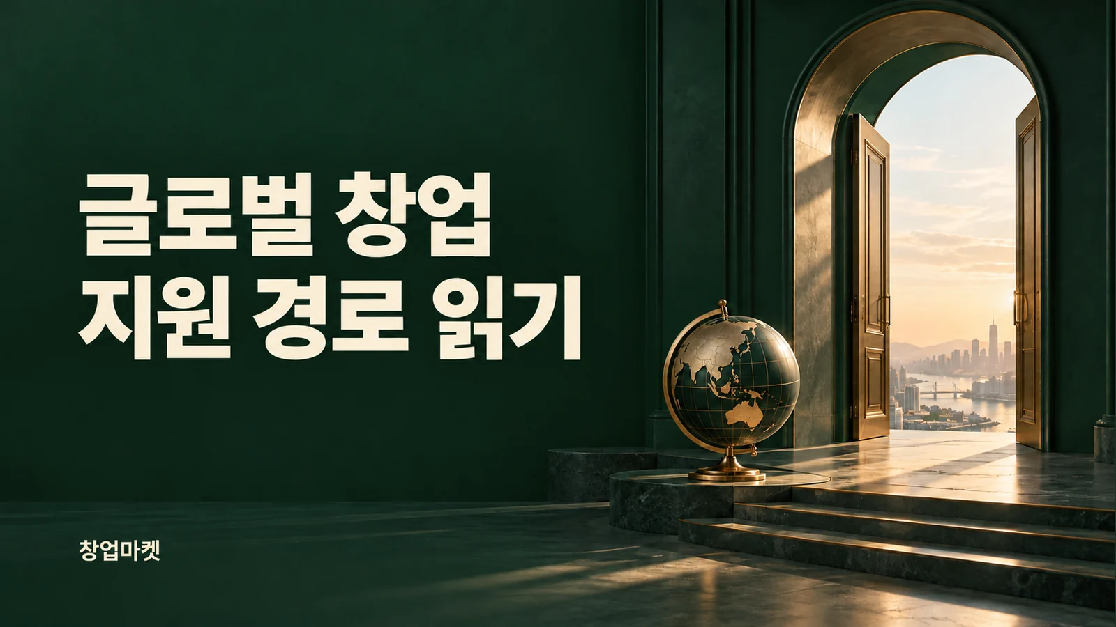 글로벌 창업 지원 경로 읽기라는 두 줄 문구 옆에 열린 문과 황동 지구본을 배치한 상징 이미지